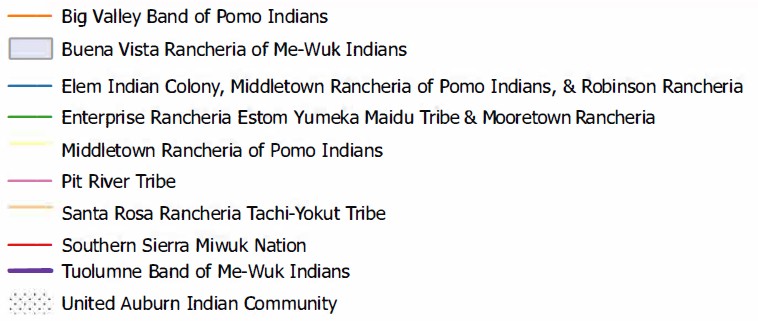 Map Key, Dark Orange: Big Valley Band of Pomo Indians, Gray: Buena Vista Rancheria of Me-Wuk Indians, Blue: Elem Indian Colony, Middletown Rancheria of Pomo Indians, & Robinson Rancheria, Green: Enterprise Rancheria Estom Yumeka Maidu Tribe & Mooretown Rancheria, Yellow: Middletown Rancheria of Pomo Indians, Violet: Pit River Tribe, Light Orange: Santa Rosa Rancheria Tachi-Yokut Tribe, Red: Southern Sierra Miwuk Nation, Purple: Tuolumne Band of Me-Wuk Indians, Patterned Gray: United Auburn Indian Community