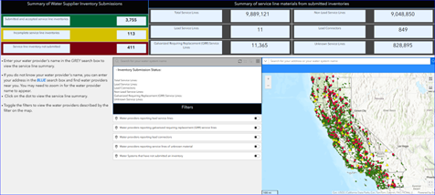 thumbnail preview image of the California service line inventory data dashboard. The dashboard summarizes inventory submissions and service line materials using data filters and an interactive map of water systems.