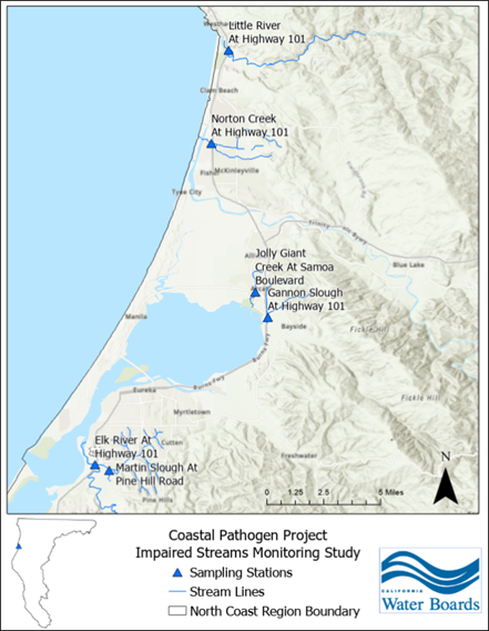 A map of the locations from where samples were collected for the Impaired Monitoring Study from six impaired streams in Humboldt County