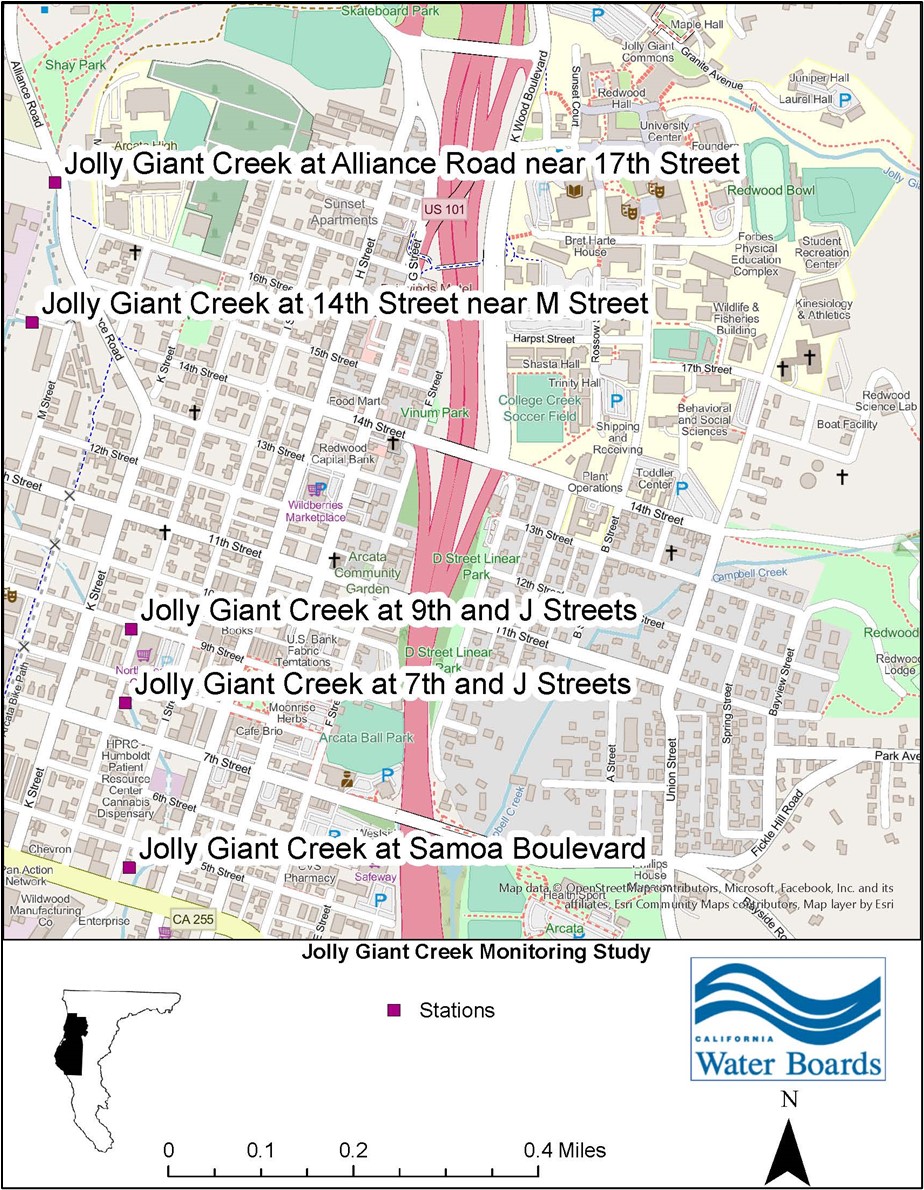 A map showing the locations from where samples were  collected for the Jolly Giant Creek Monitoring Study