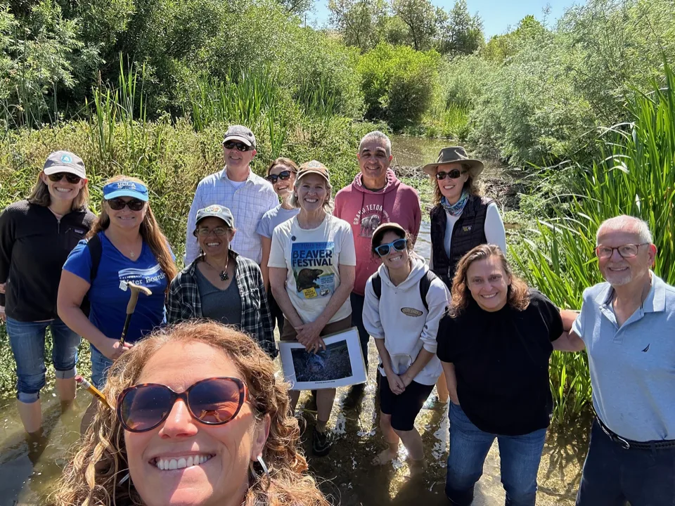 12 Central Coast Water Board staff and board members in front of a beaver dam on the Salinas River