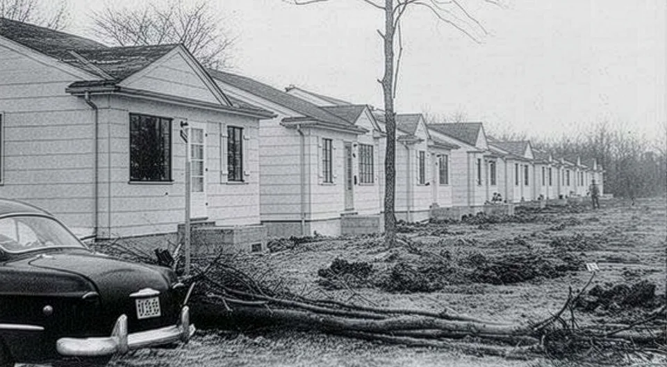 Yards in front of a row of homes dug up to replace lead service lines with pipes made of other materials