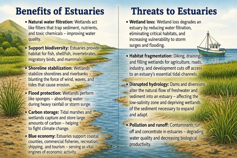 Side-by-side graphic listing six benefits of estuaries and four threats to them. The complete text of the graphic follows below it.