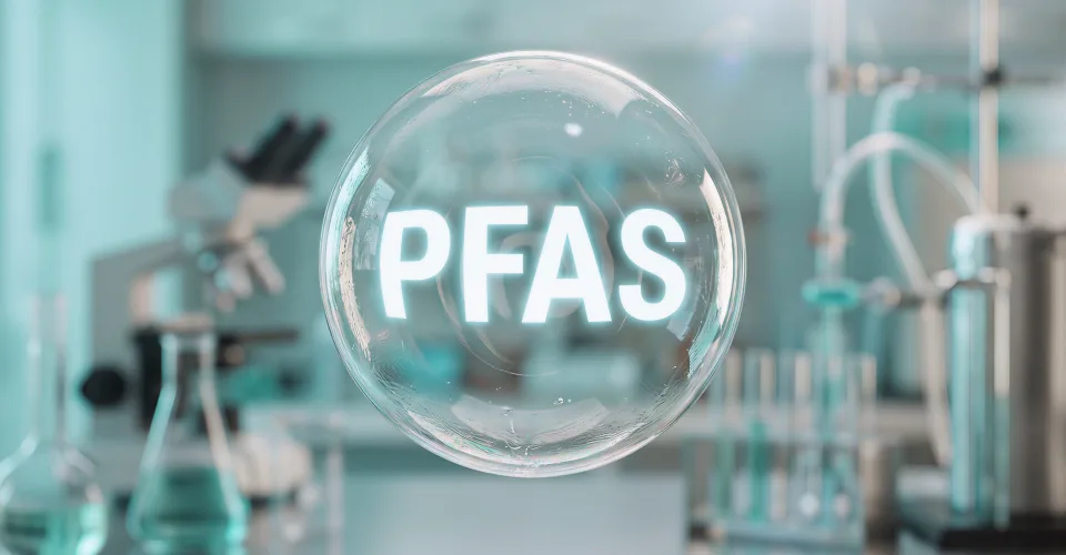 Background of a grey and aqua laboratory with the PFAS acronym in a bubble in the foreground