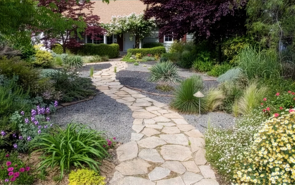 A photo of a low-maintenance, water smart garden with manicured flowers and a charming stone path