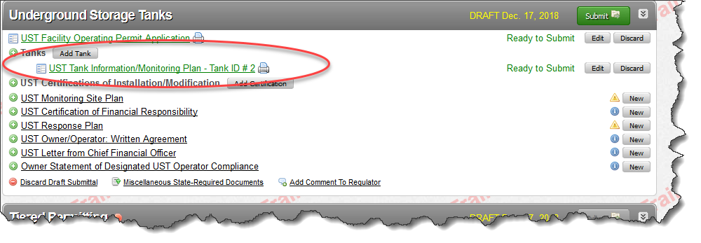 Screenshot of the Underground Tanks screen where you cans see that tank ID #1 is no longer included in the submittal process