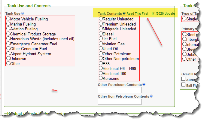 Screenshot of ‘Tank Contents’ sub section 