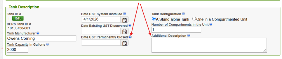 Screenshot of Tank Description screen in CERS