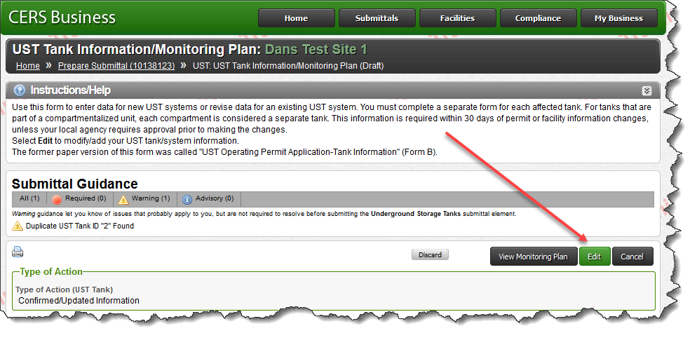 Screenshot of UST Submittal Element in CERS showing it set to ‘applicable’ or ‘always applicable’