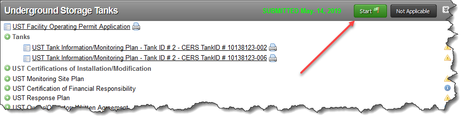 Screenshot of UST Submittal Element in CERS showing it set to ‘applicable’ or ‘always applicable’