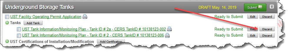 Screenshot of UST Submittal Element in CERS showing it set to ‘applicable’ or ‘always applicable’