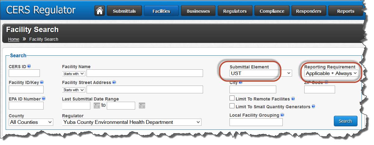 Screenshot of UST Submittal Element in CERS showing it set to ‘applicable’ or ‘always applicable’