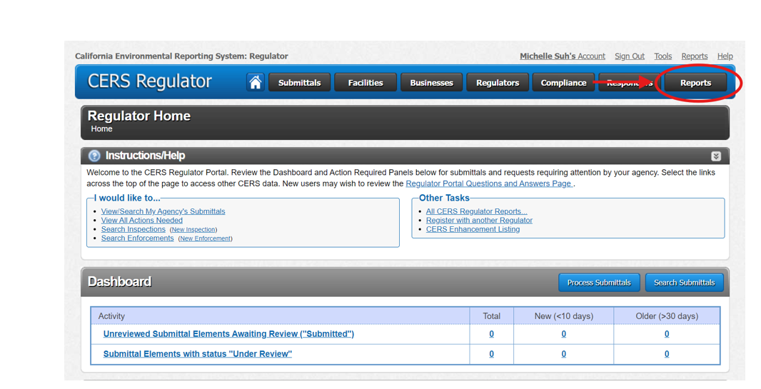 Screen shot of the CERS Regulator home page with a red arrow pointing to 'Reports' in the top navigation menu, highlighted by a red circle.