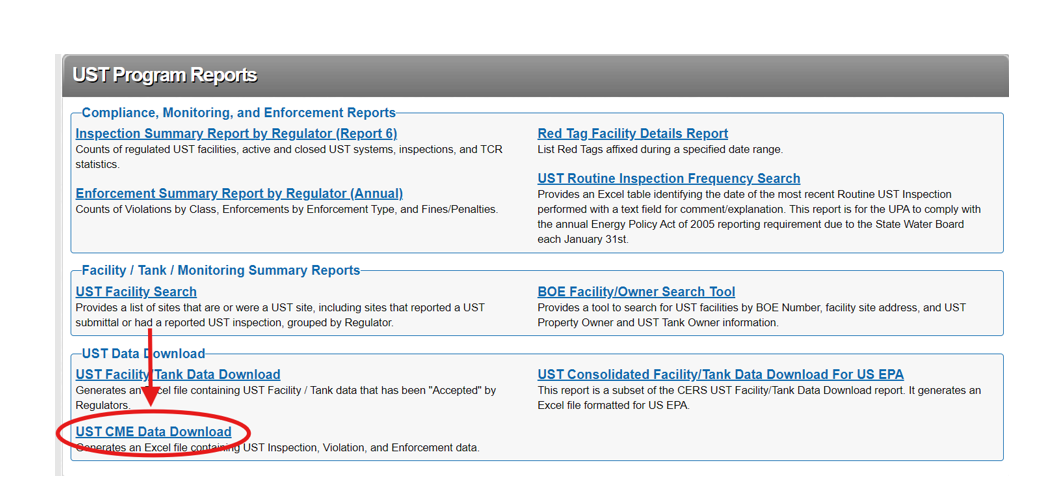 Screenshot of the CERS Regulator Reports page with a red arrow pointing to the 'UST CME Data Download' in the UST Program Reports section, highlighted by a red circle