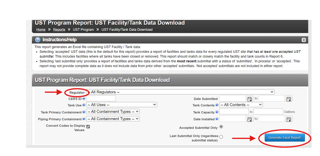 Screenshot of the UST Facility/Tank Data Download page with a red arrow pointing to 'Regulator' and 'Generate Excel Report', which are both highlighted by a red circle