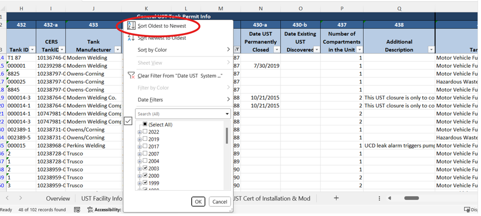 Screenshot of the 'UST Tank and Monitoring plan Info' tab with a red circle highlighting the 'Sort Oldest to Newest' for filtering data in column 435