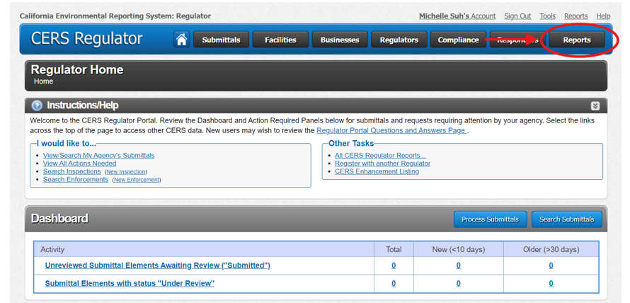 Screen shot of the CERS Regulator home page with a red arrow pointing to 'Reports' in the top navigation menu, highlighted by a red circle. 