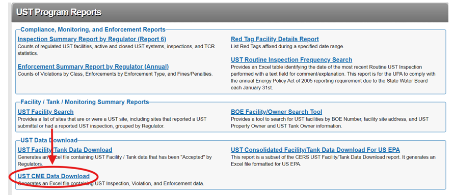 Screenshot of the CERS Regulator Reports page with a red arrow pointing to the 'UST CME Data Download' in the UST Program Reports section, highlighted by a red circle