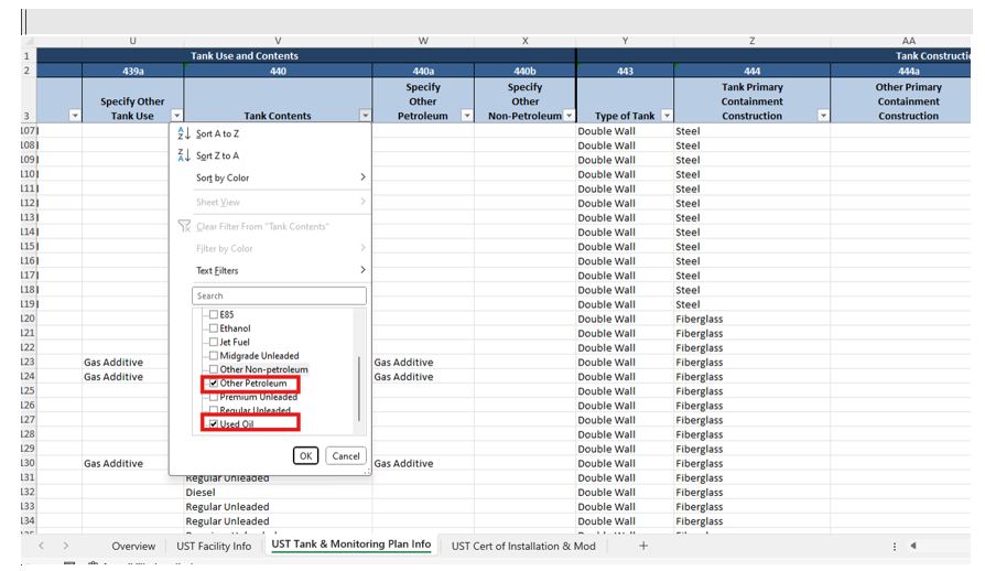 Screenshot of the 'UST Tank and Monitoring plan Info' tab with a red a red box highlighting 'Used Oil' and 'Other Petroleum' under the drop down list in column 440