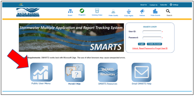 Screenshot of SMARTS menu with Public User Menu button highlighted