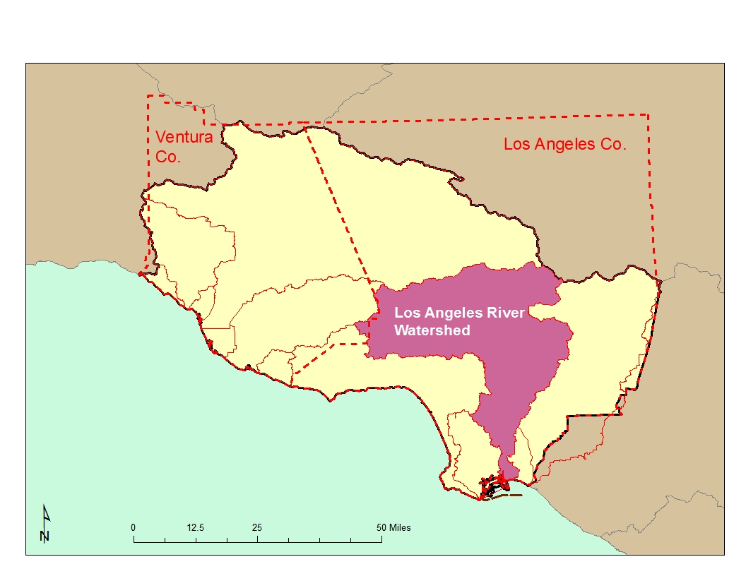 Los Angeles River Watershed Map, shaped like a tornado