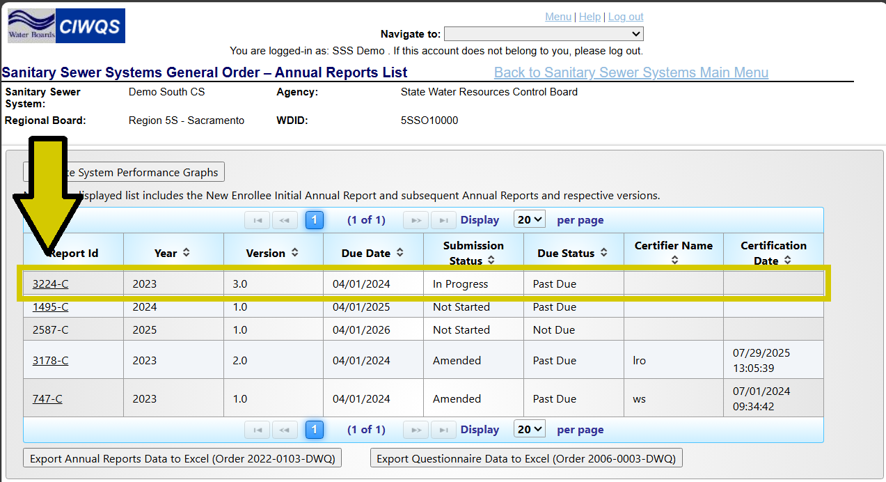 Annual Report from the full list of annual reports for your sewer system. The submission status will show in progress.