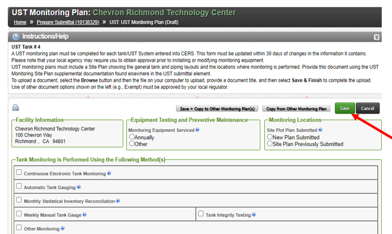 Screenshot of UST Monitoring Plan