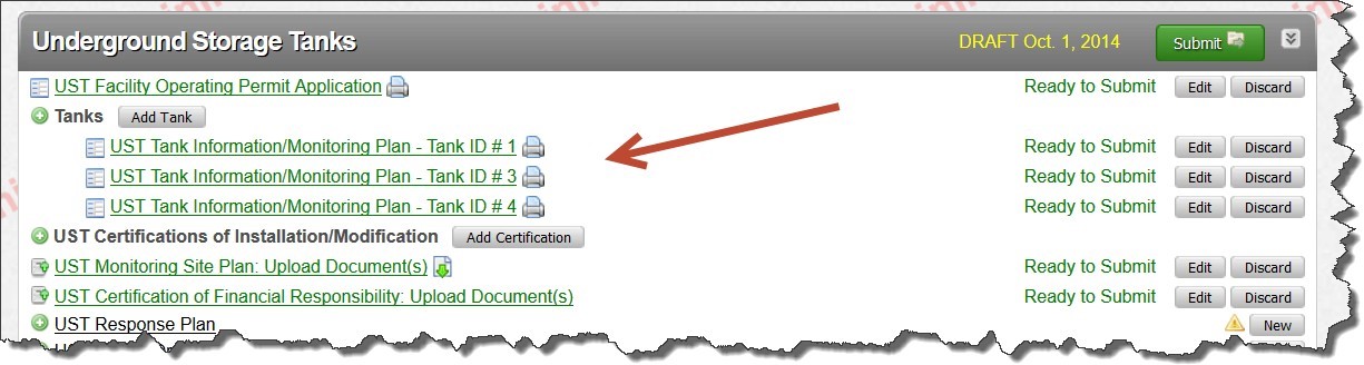 Screenshot of where to find the section for reporting tank contents which is located in the ‘UST Tank Information/Monitoring Plan’ section