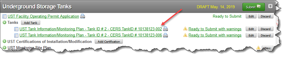 Screenshot of UST Submittal Element in CERS showing it set to ‘applicable’ or ‘always applicable’