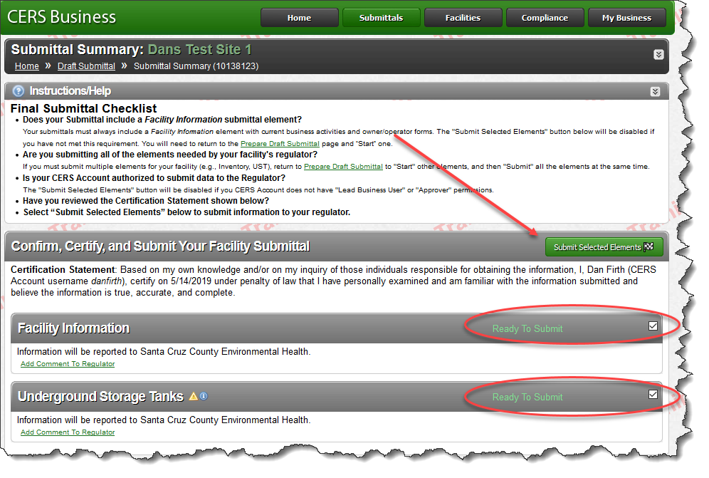 Screenshot of UST Submittal Element in CERS showing it set to ‘applicable’ or ‘always applicable’