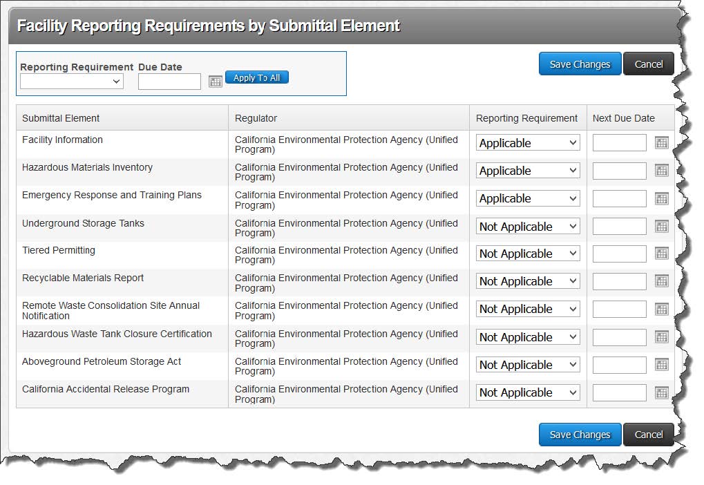 Screenshot of setting the desired submittal element to the desired setting and select the ‘Save Changes’ button. Note that this may also be a good time to set the ‘Next Due Date’