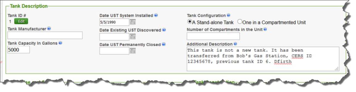 Screenshot of submittal creating a new tank record with a new tank ID, and a  comment that this is not really a new tank but it is tank ID xx from the existing facility