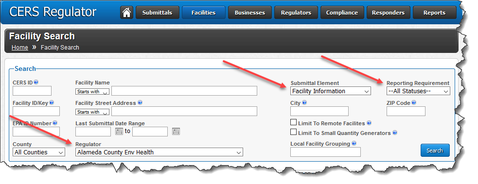 Screenshot of Facility Search with arrows pointing to Submittal Element, Reporting Requirement, and Regulator fields