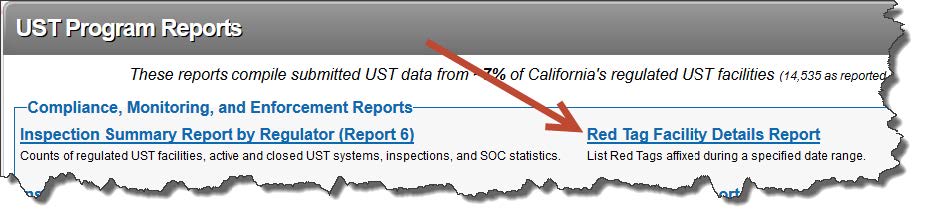 Screenshot of running a Red tag Facility Details report