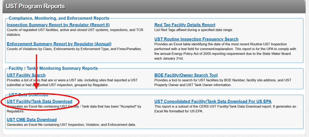 Screenshot of the CERS Regulator Reports page with a red arrow pointing to the 'UST CME Data Download' in the UST Program Reports section, highlighted by a red circle