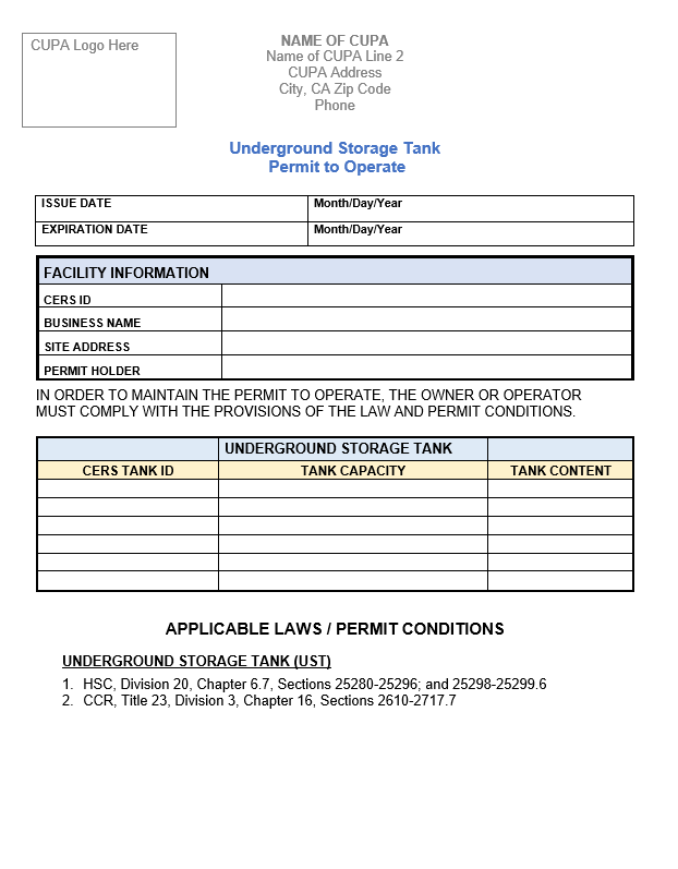 Underground Storage Tank Permit to Operate Template