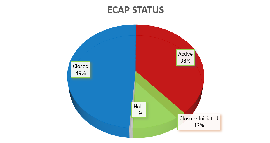 Pie chart 49% closed, 1% hold, 12% closure initiated, 38% Active