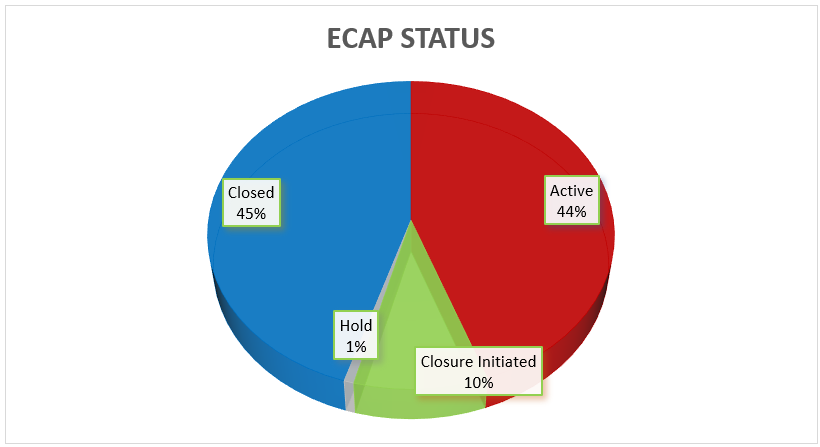 Pie chart 45% closed, 1% hold, 10% closure initiated, 44% Active